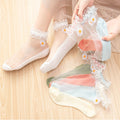 (10 Pairs) Owlkay Daisy Crystal Short Lace Transparent Glass Silk Socks